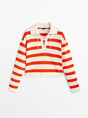 Striped sweatshirt with polo collar and crossover straps