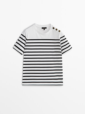 Striped cotton T-shirt with shoulder buttons