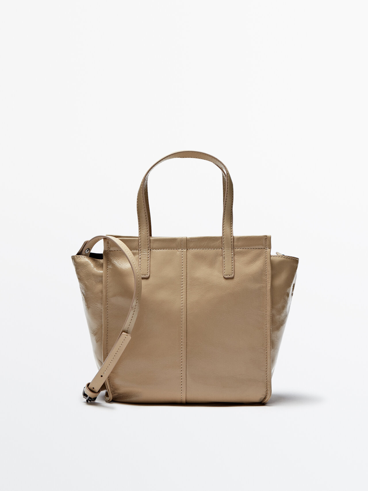 Massimo Dutti Mini Leather Tote Bag With A Crackled Finish In Brown