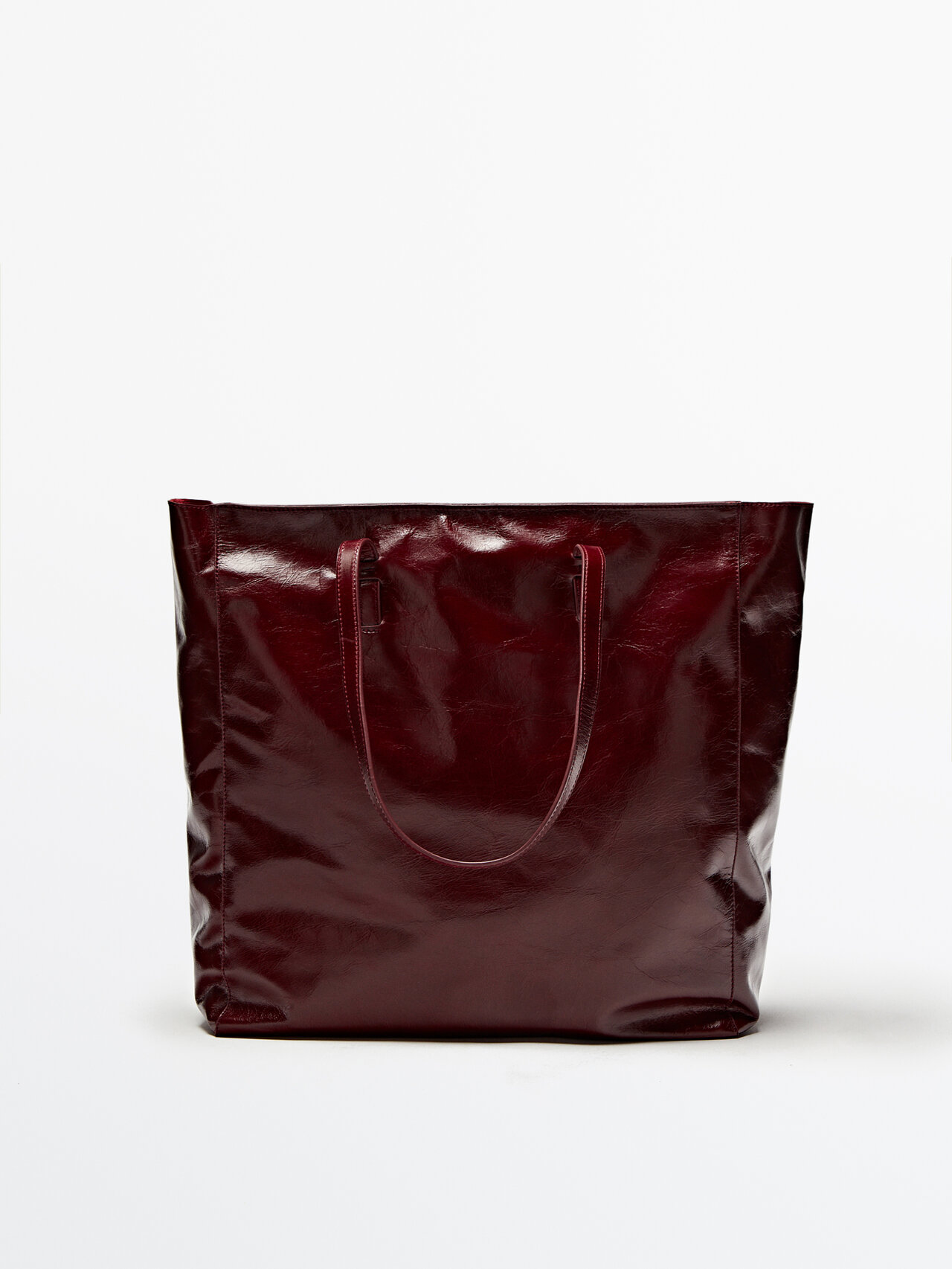 Massimo Dutti Leather Tote Bag With A Cracked Finish In Burgundy