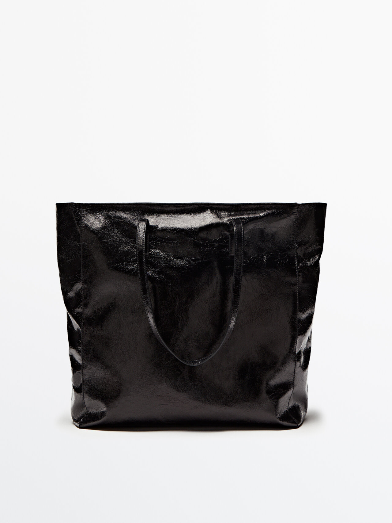 Massimo Dutti Leather Tote Bag With A Cracked Finish In Black