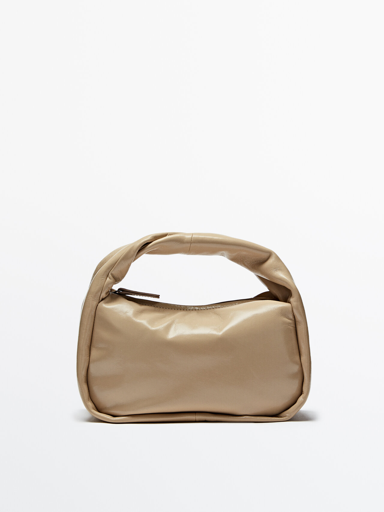 Massimo Dutti Leather Bucket Bag With A Crackled Finish In Beige
