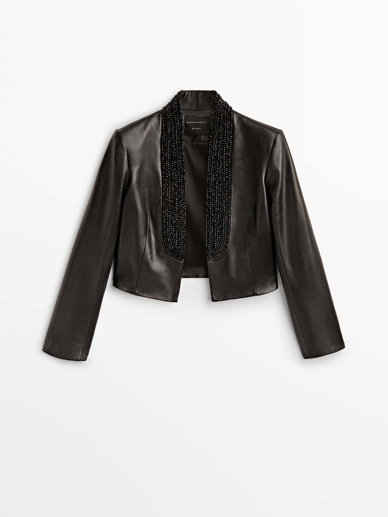 Massimo Dutti Short Beaded Leather Blazer - Studio In Black