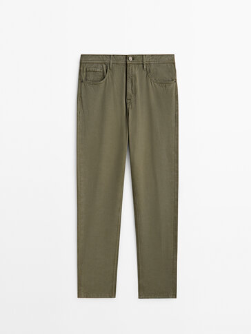 Tapered-fit denim-effect trousers