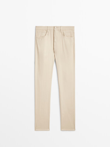 Slim-fit textured denim-effect trousers