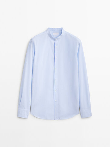 Slim fit striped poplin shirt with a stand-up collar