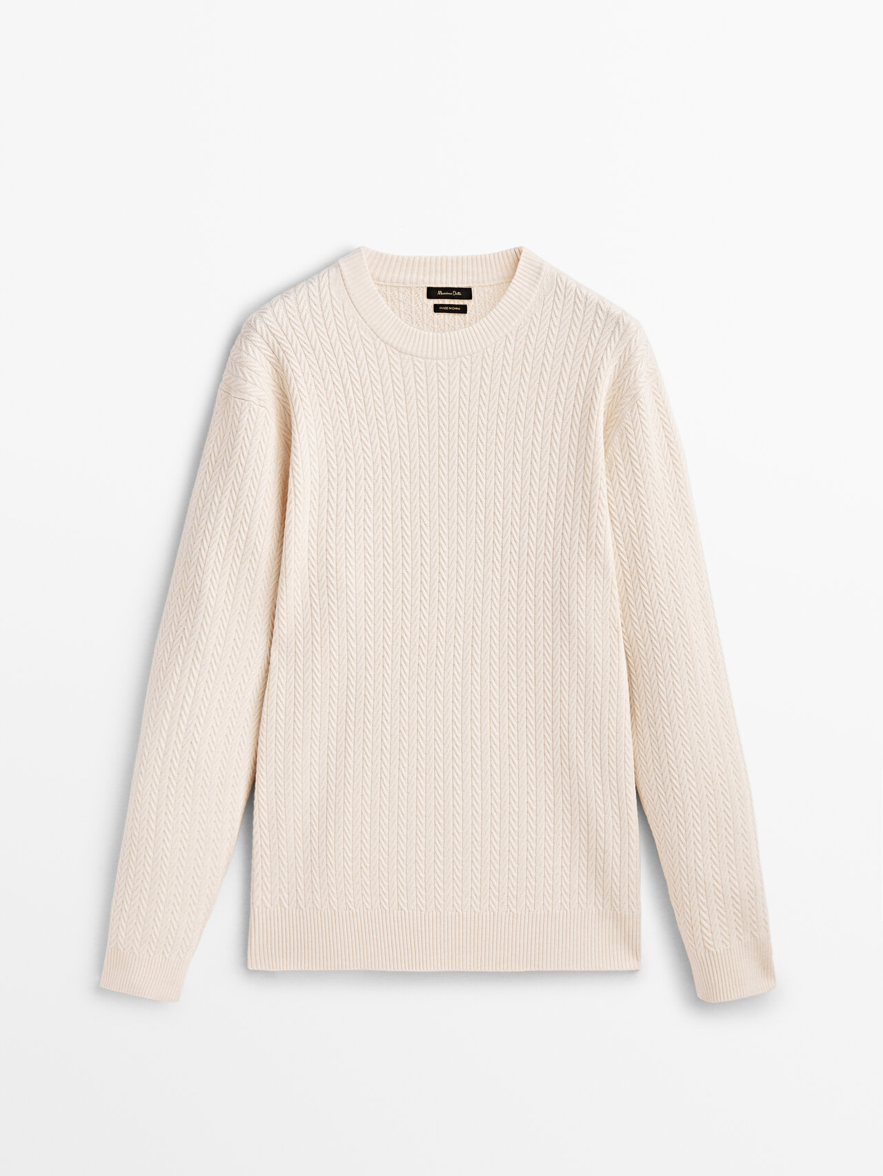 Massimo Dutti Cable Knit Sweater With A Crew Neck In Gebrochen Weiss