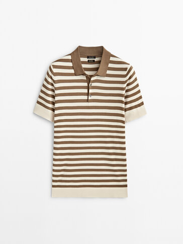Short sleeve striped polo sweater with contrast collar