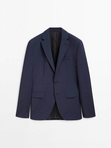 Xhaketë kostumi prej leshi me punim “fil-à-fil” ngjyrë blu