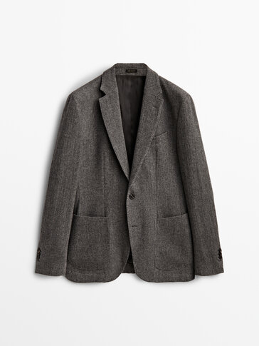 Костюмный пиджак из шерсти серого цвета в елочку