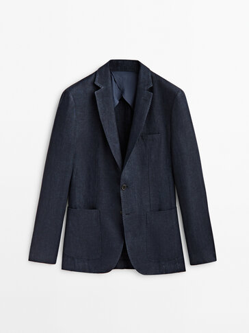 Navy blue twill linen suit blazer