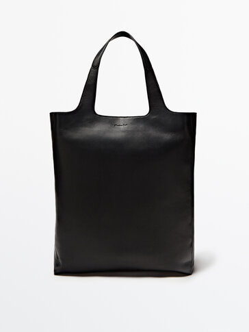 Черная кожаная сумка-шопер