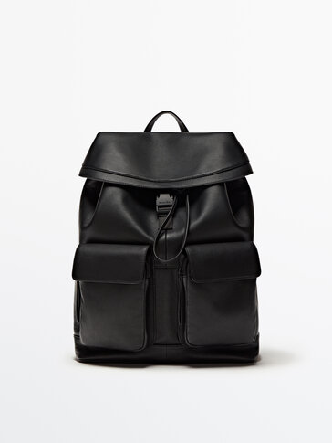 Black leather backpack with pockets