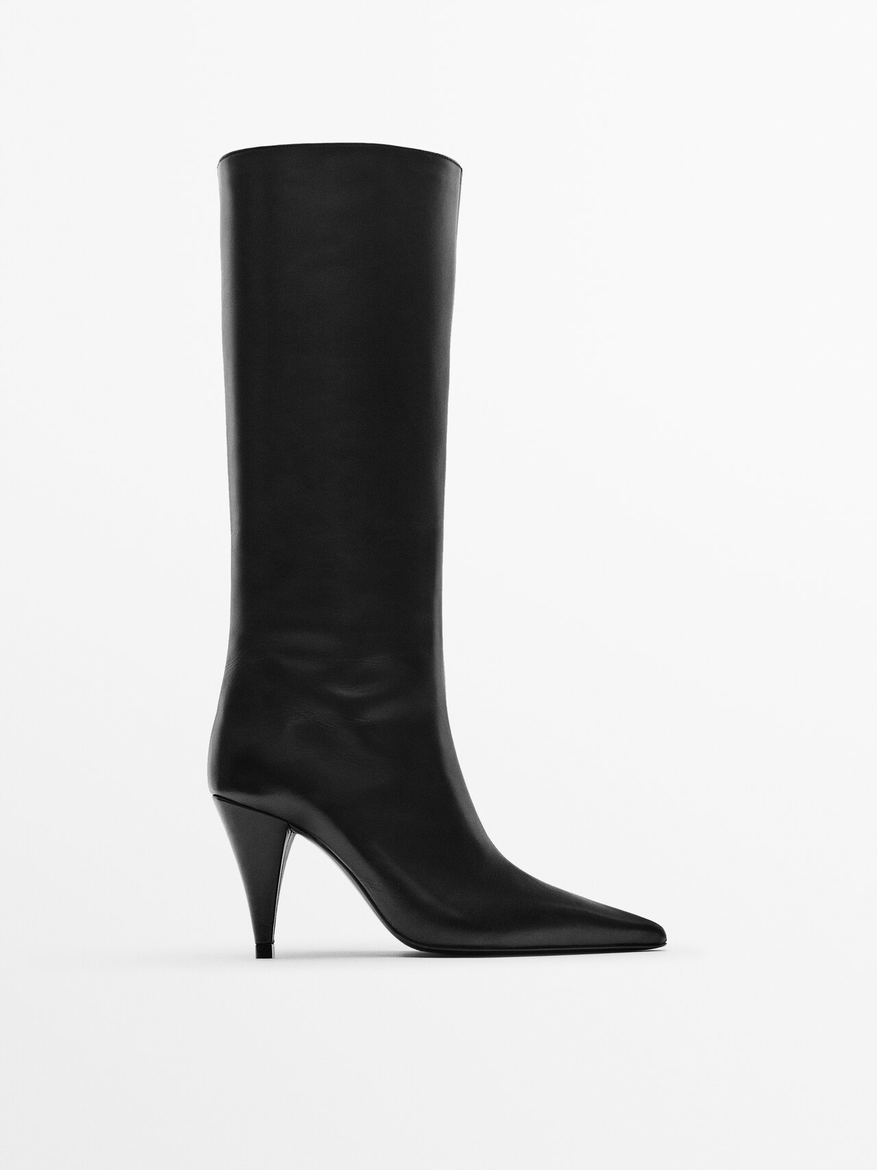 Massimo Dutti Pointed Leather High-heel Boots - Studio In Black