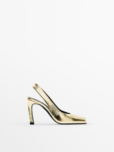 Metallic leren slingback met hoge hak - Massimo Dutti Nederland