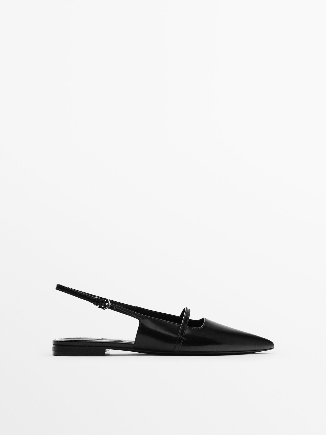 Massimo Dutti Flat Leather Slingback Shoes In Black