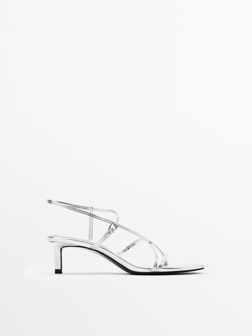 Metallic multistrap leather heeled sandals