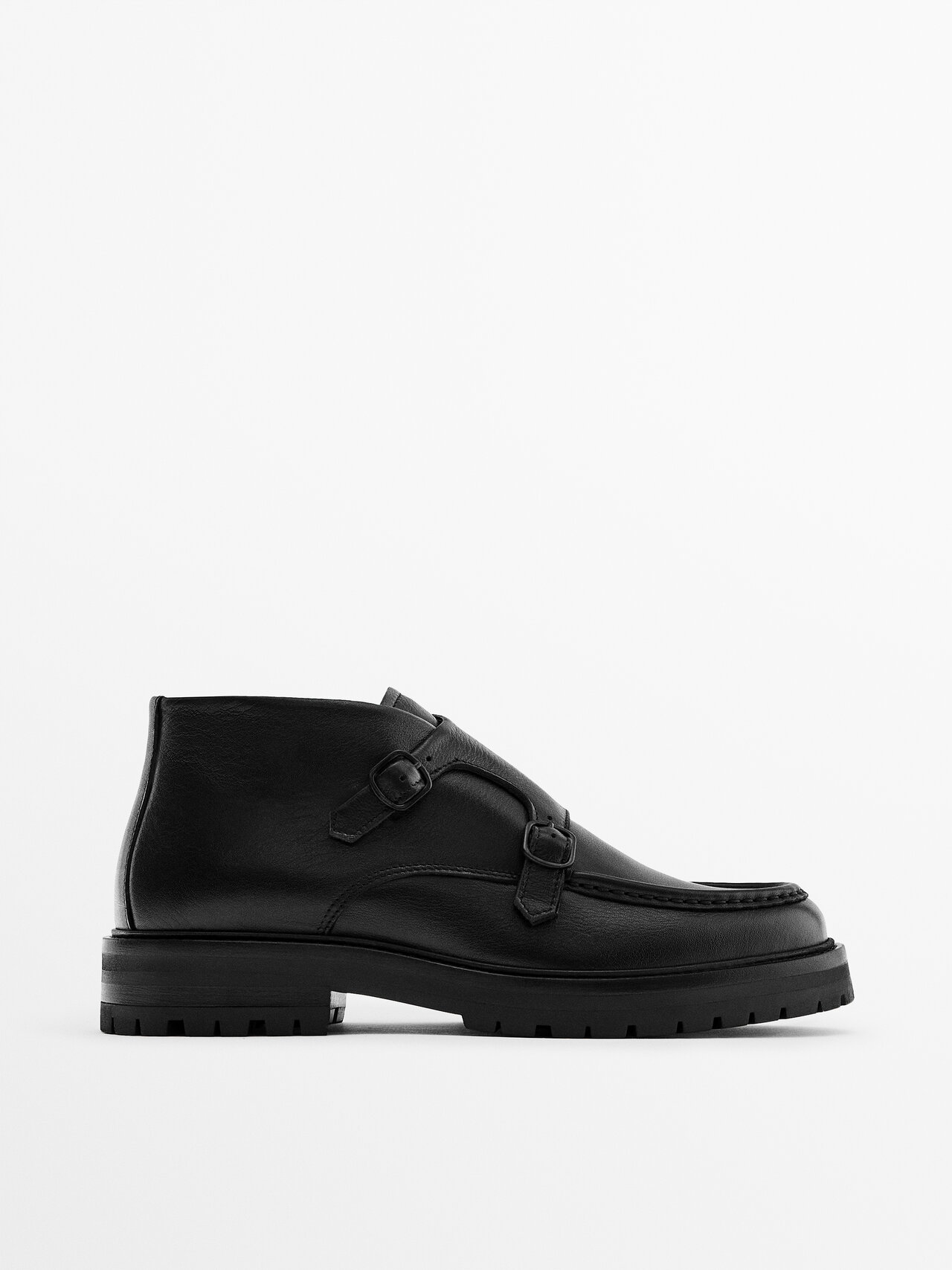 Massimo Dutti Nappa Leather Monk Ankle Boots In Black