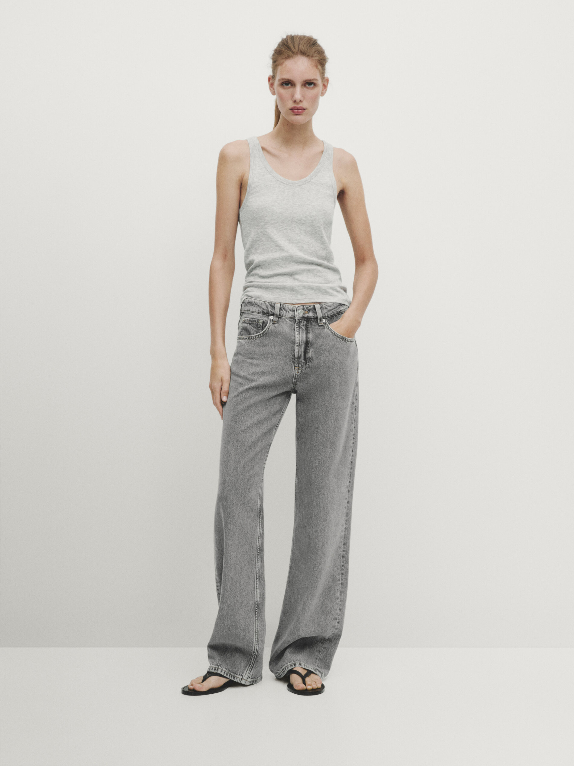 Shop Massimo Dutti Wide-leg-jeans Midrise Full Length In Grau