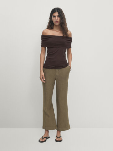 【MASSIMO DUTTI】 Fluid Contrast 100% Silk Pants /追跡付 Flowing contrast 100% silk trousers · Dark Khaki · Dressy