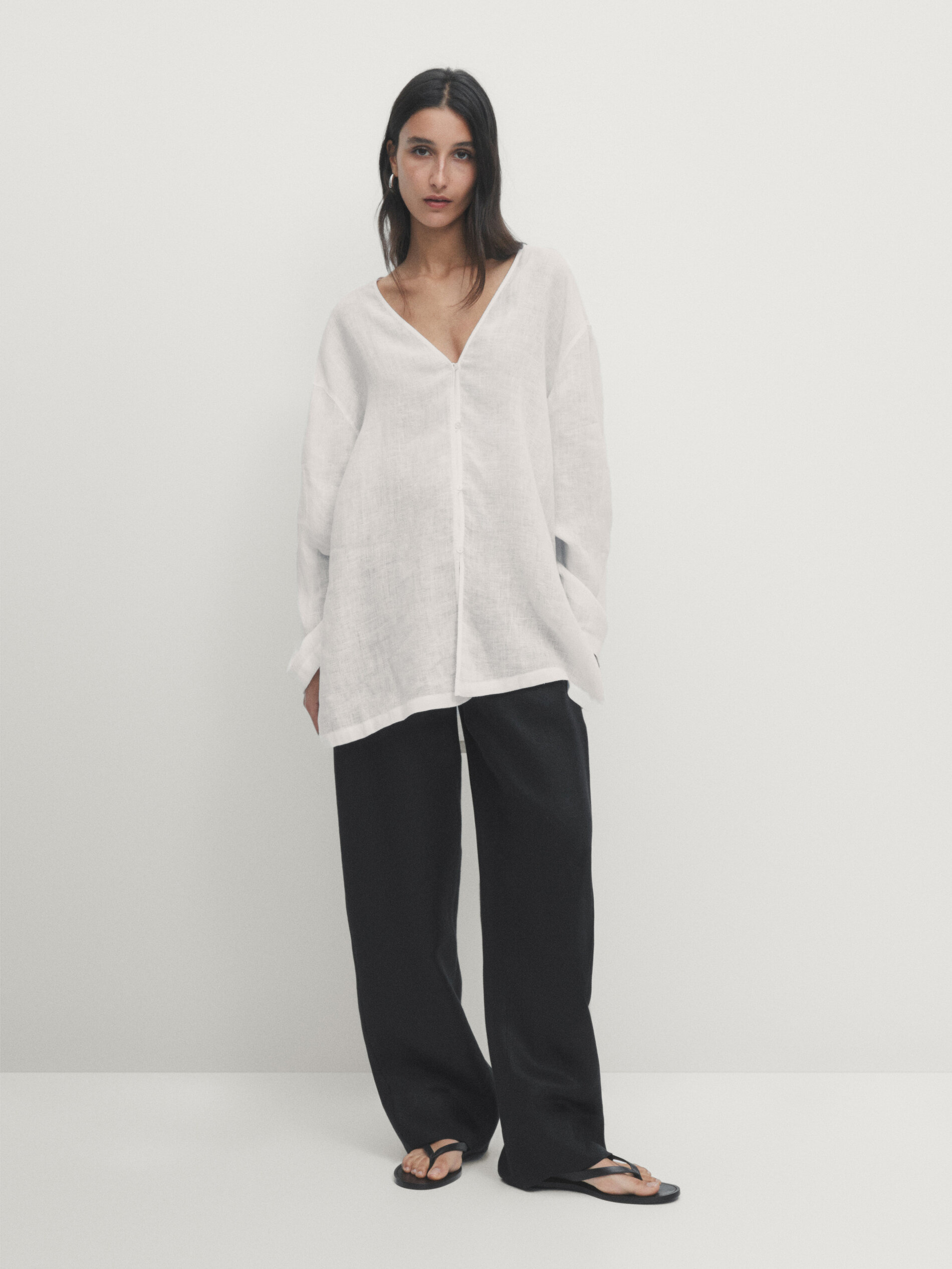 100% linen open oversize blouse · White · Shirts | Massimo Dutti