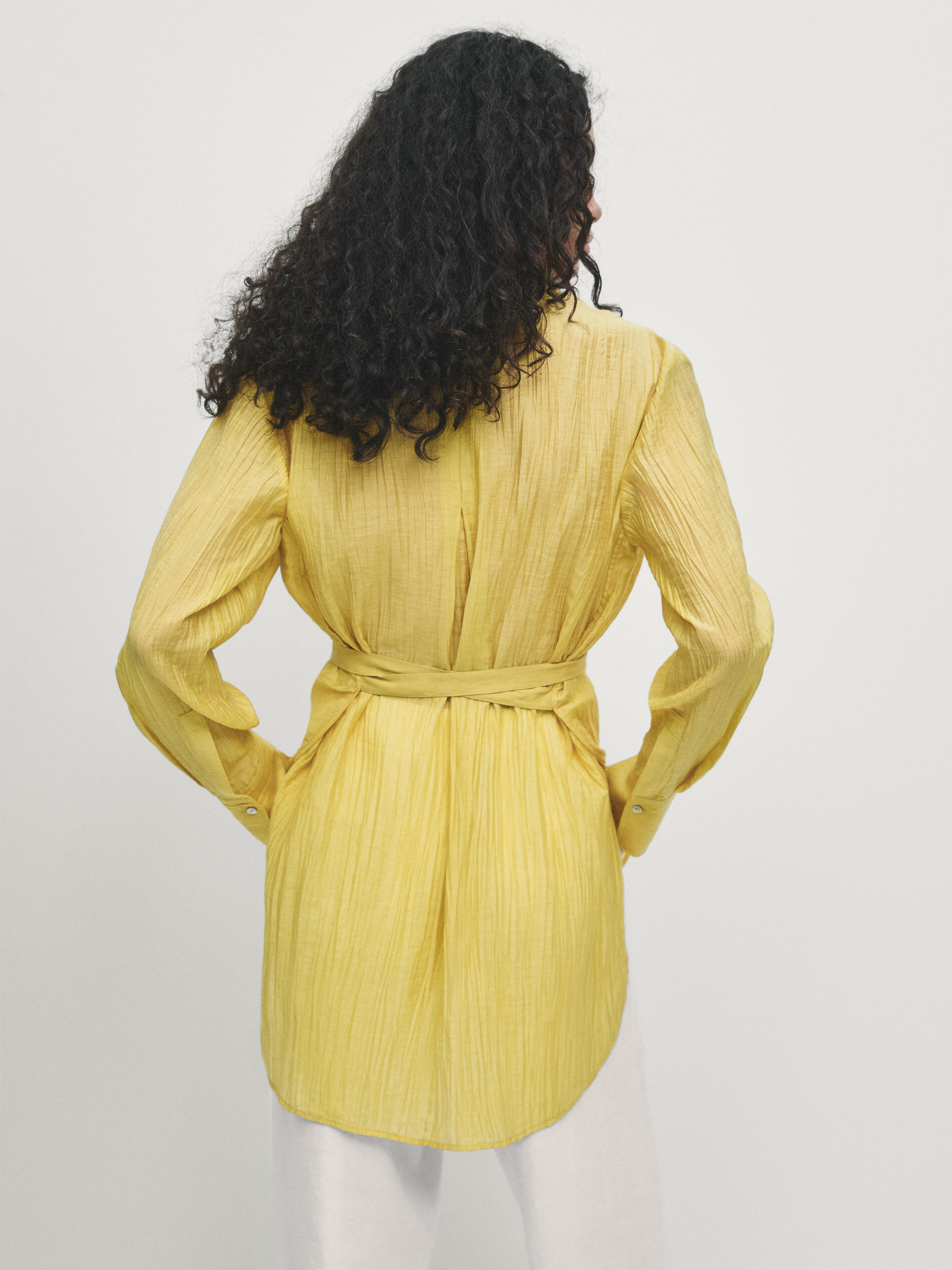 Pleated blouse with lace detail Mustard Yellow Shirts Massimo Dutti