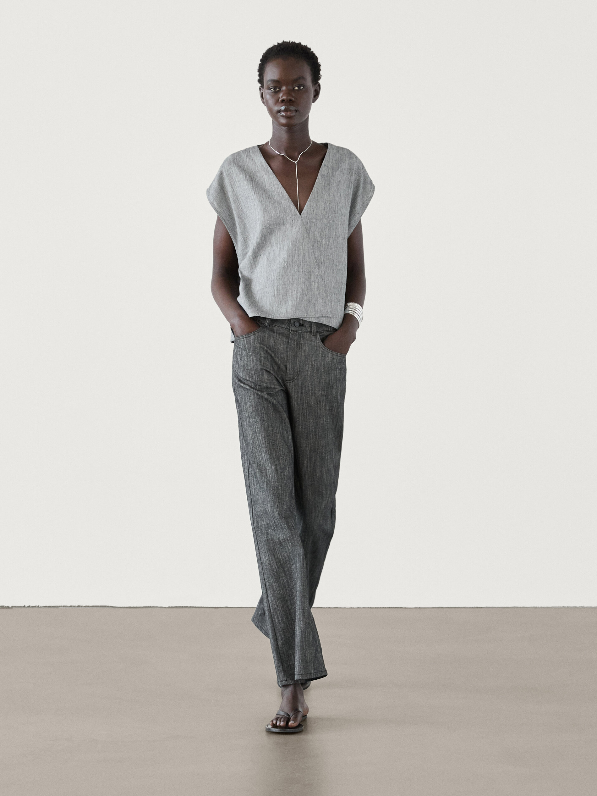 Vneck cotton blend shirt · Grey · Shirts Massimo Dutti