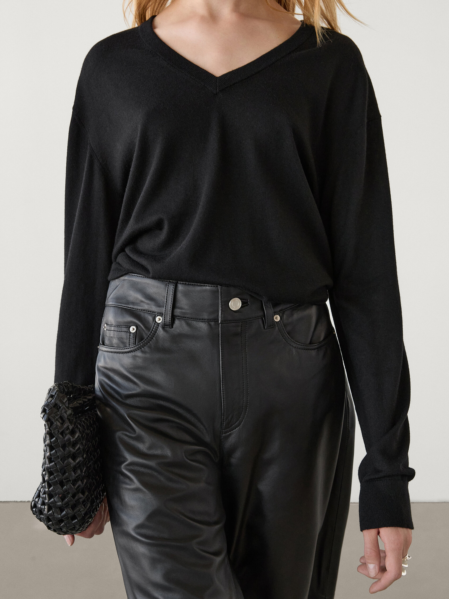 V-neck wool blend sweater · Black, Cream, Medium Grey · Sweaters 