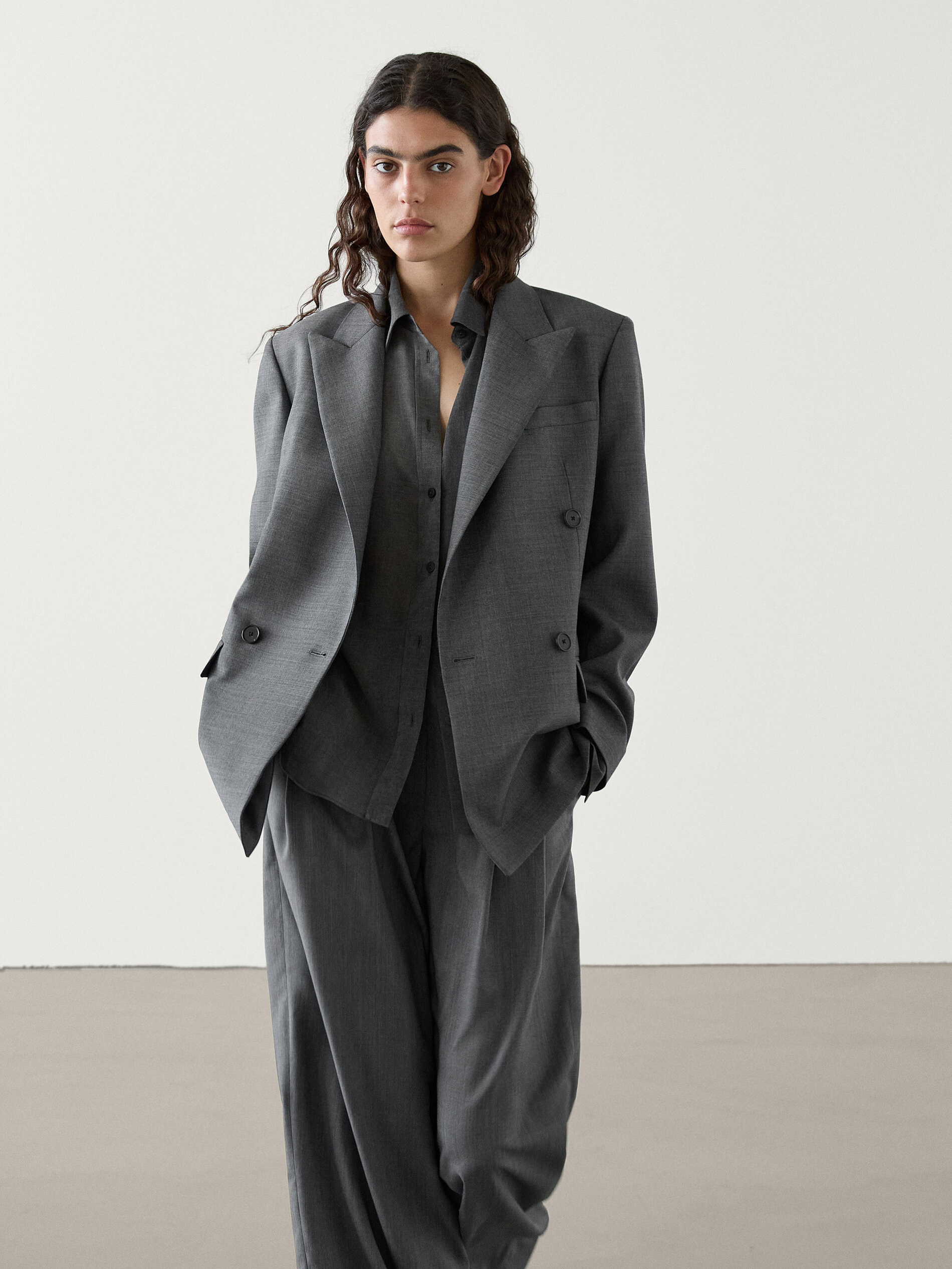 Double-breasted 100% wool blazer co-ord · Grey · Dressy | Massimo Dutti