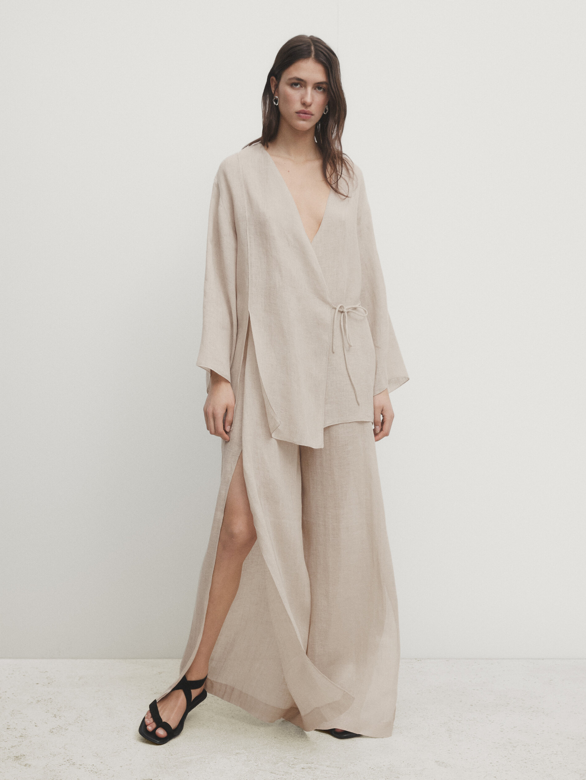 100% linen flowing crossover kimono with vent details
