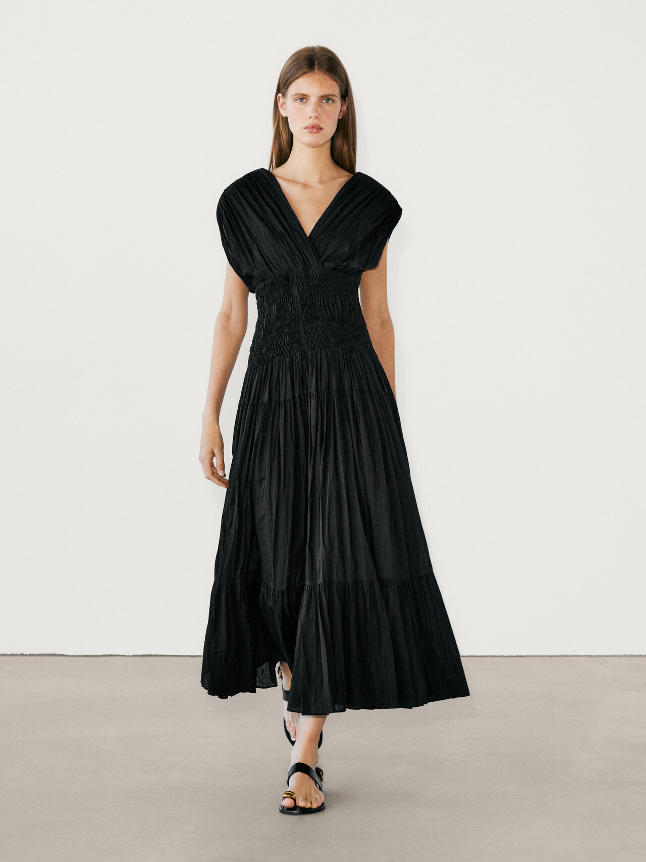Pleated midi dress with gathered detail