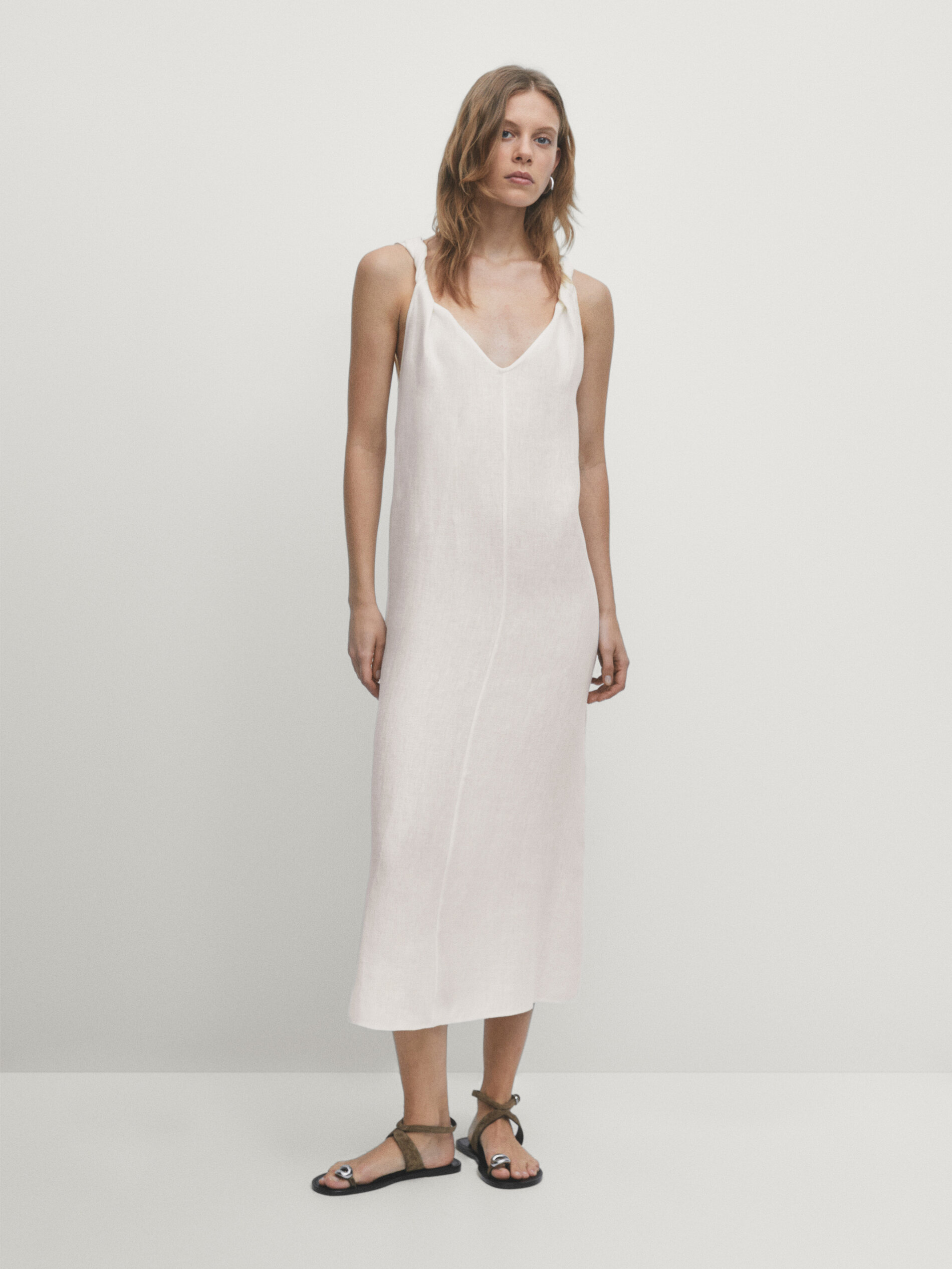 Linen midi dress with strap details White Smart Dresses And Jumpsuits Massimo Dutti