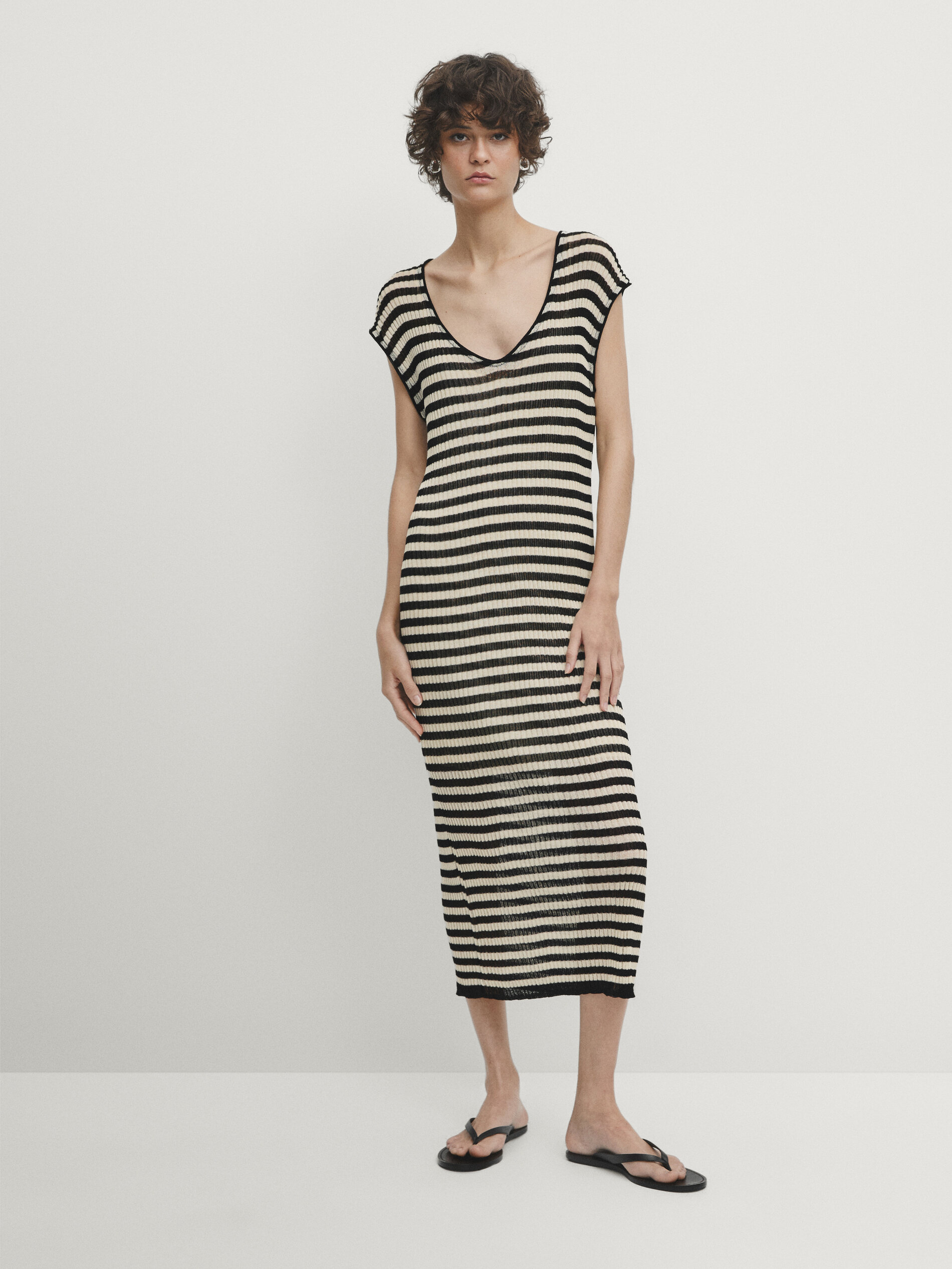 Striped open knit midi dress Cream Smart Dresses And Jumpsuits Massimo Dutti