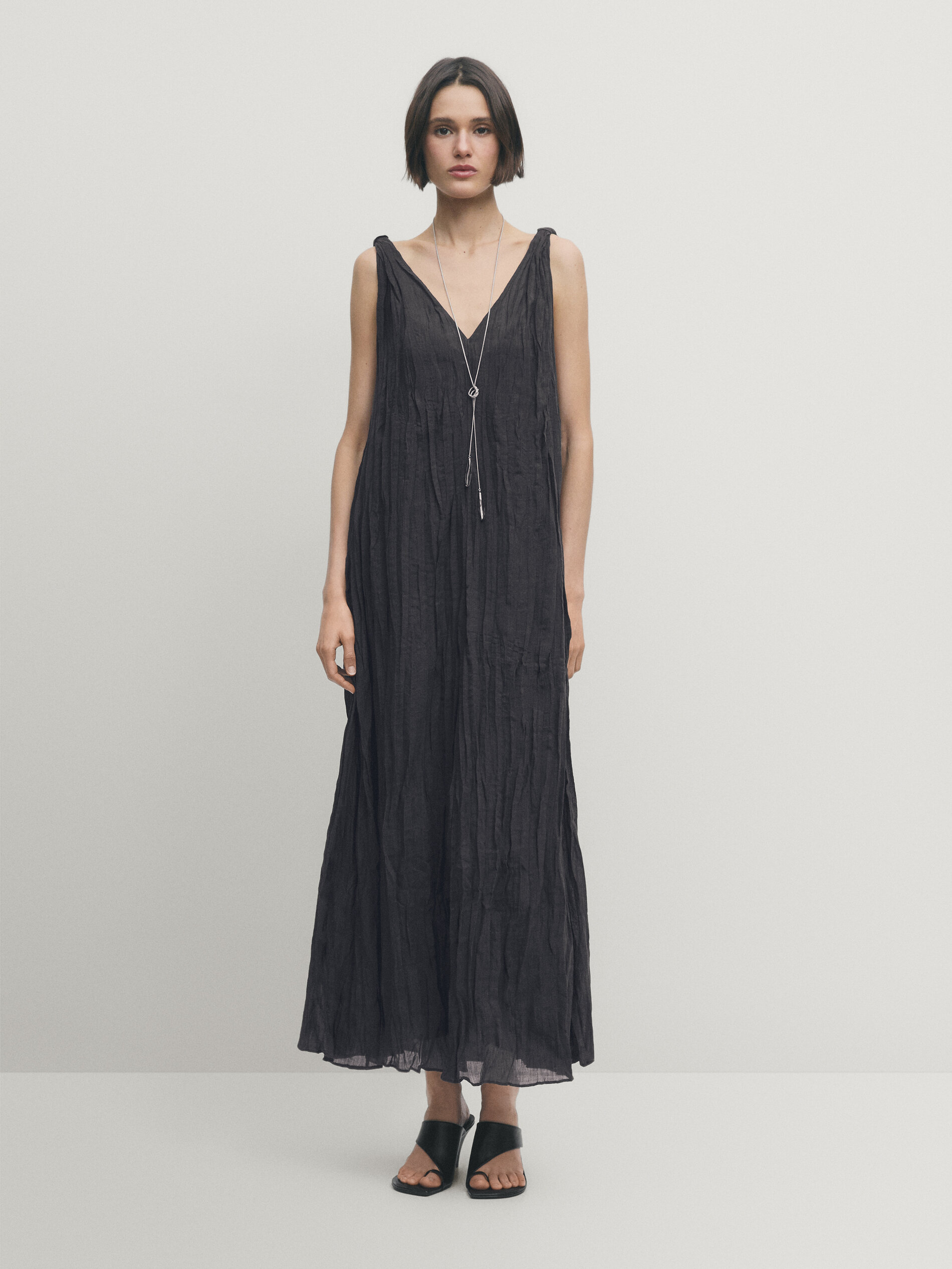 Pleated V neck dress Grey Smart Dresses And Jumpsuits Massimo Dutti