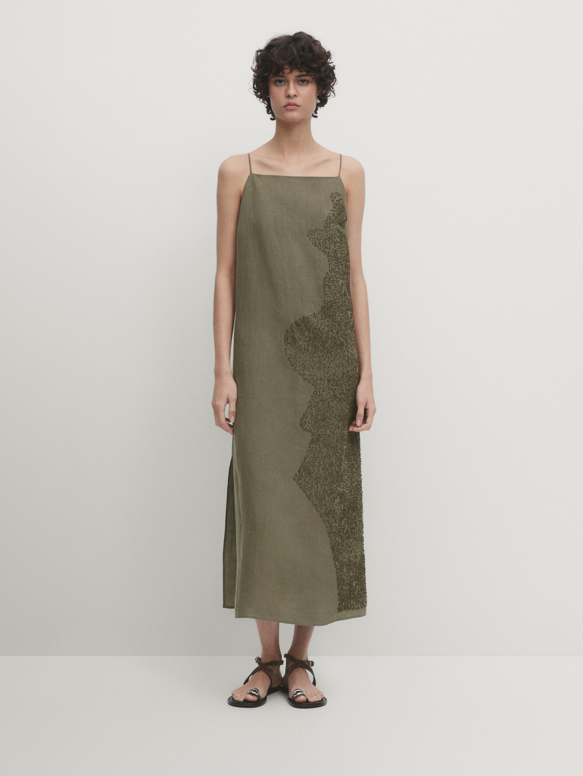 Strappy linen blend dress with embroidery detail · Moss · Smart ...