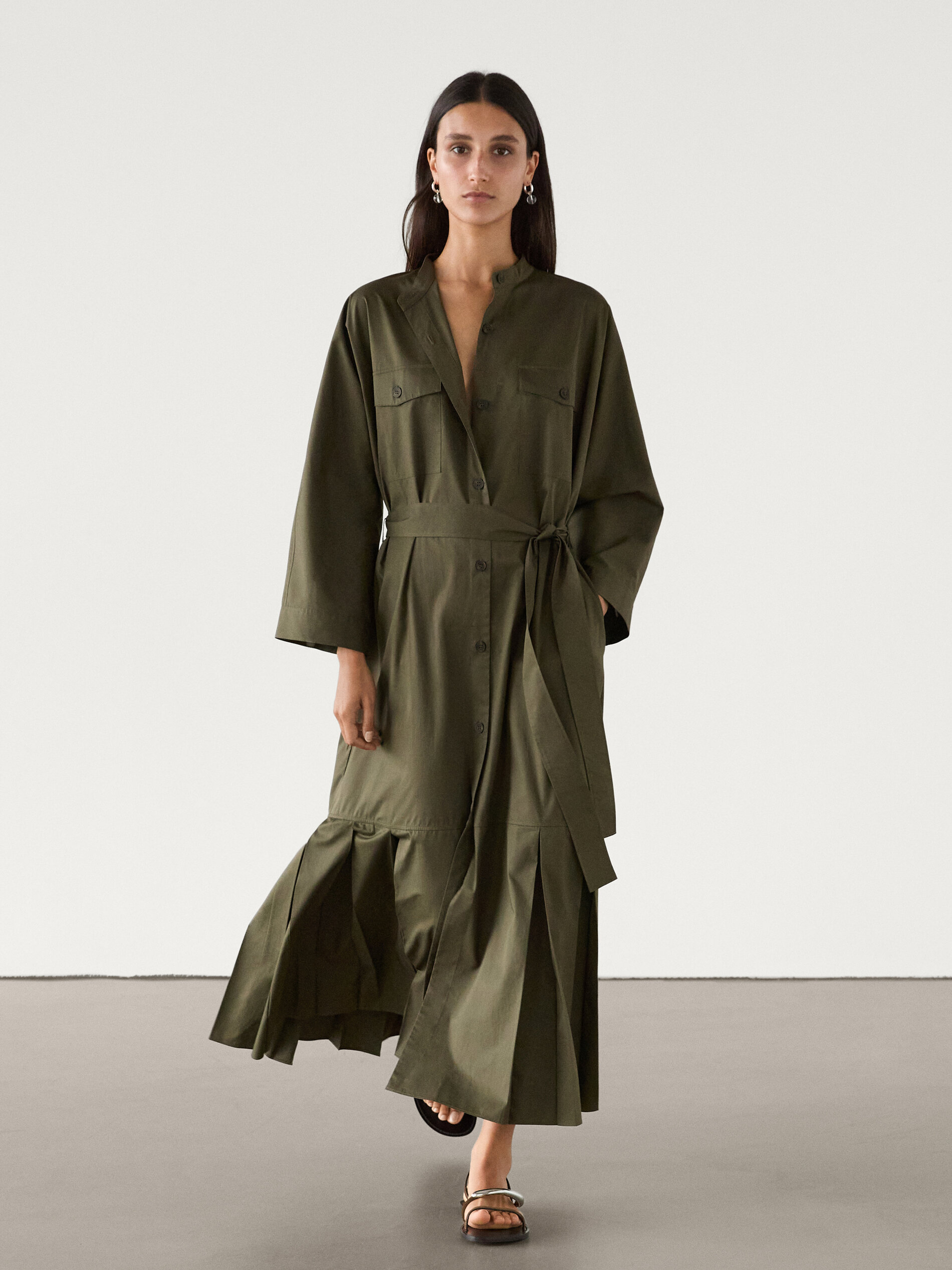 Cotton shirt dress with pleated details · Dark Khaki · Smart / Dresses ...