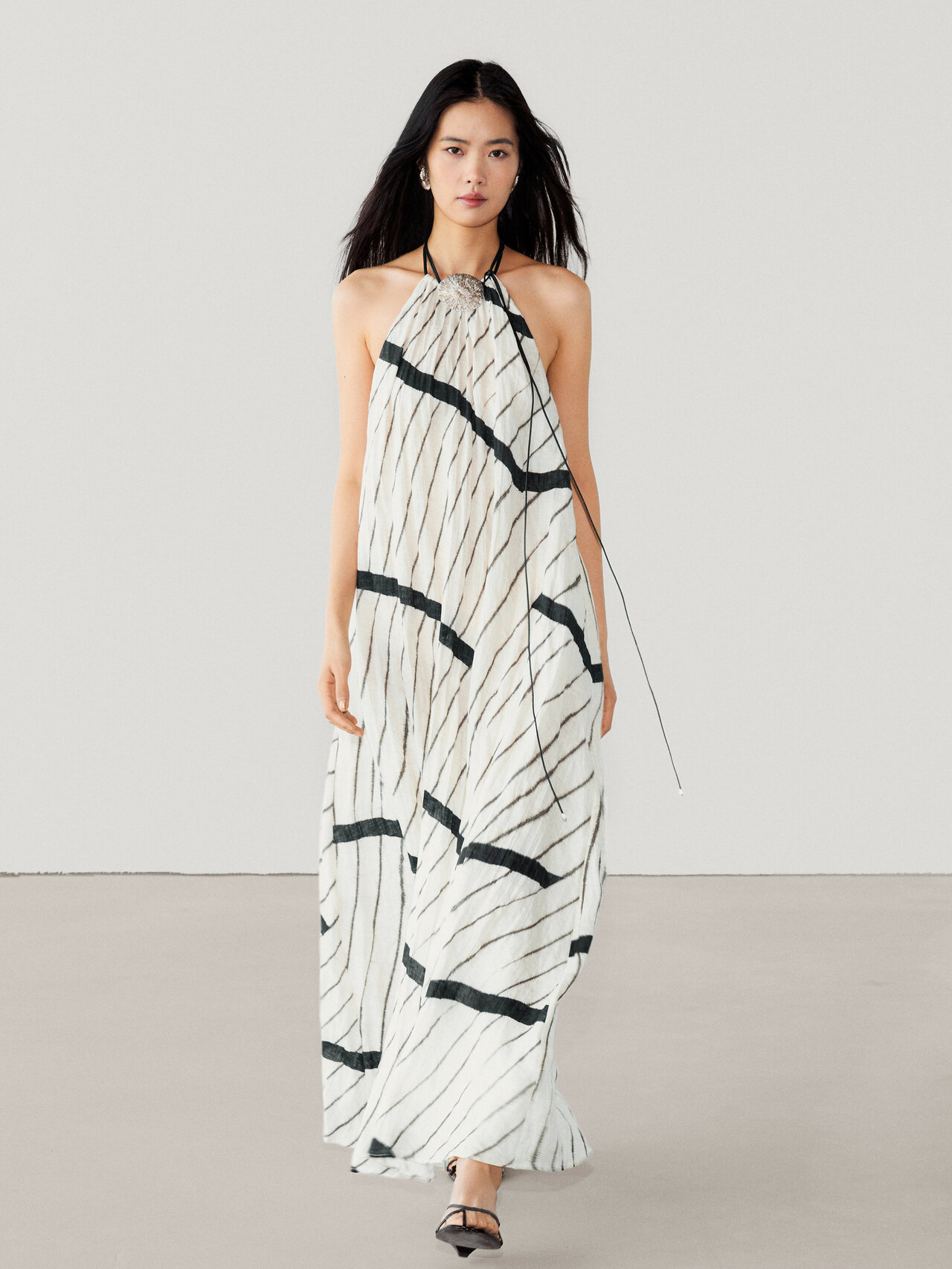 100% linen stripe print halter dress