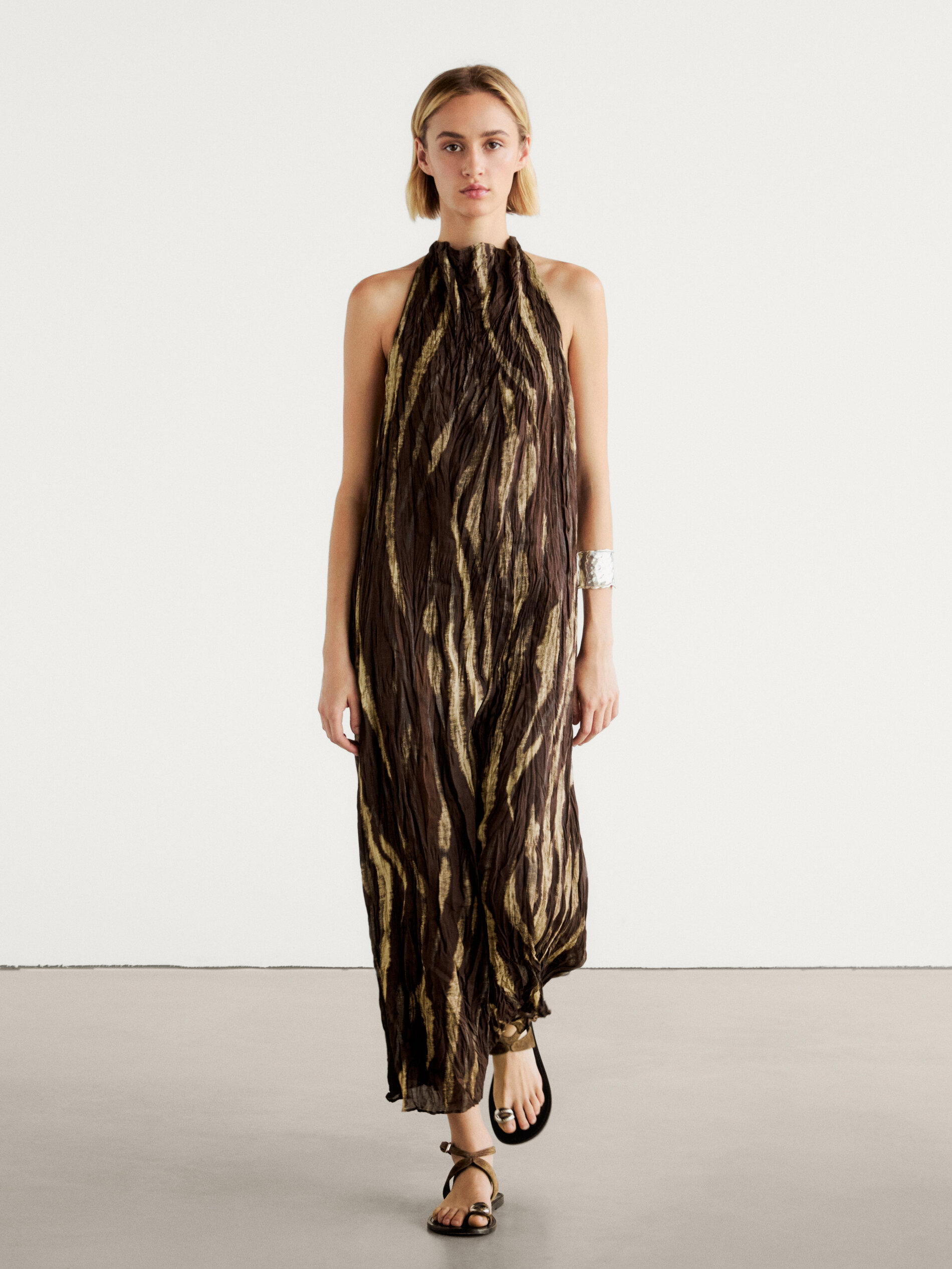 Long creased print halter neck dress Aubergine Smart Dresses And Jumpsuits Massimo Dutti