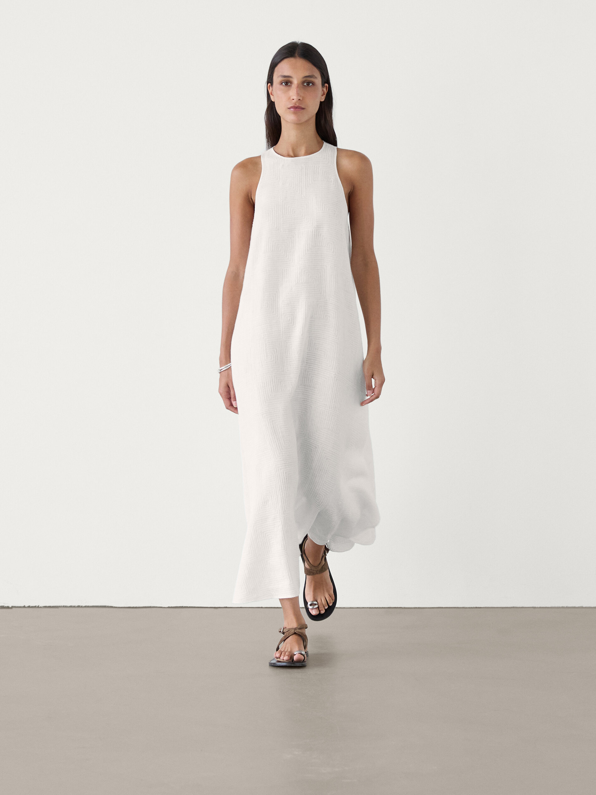 Flared linen midi dress with embroidery · White · Smart / Dresses  