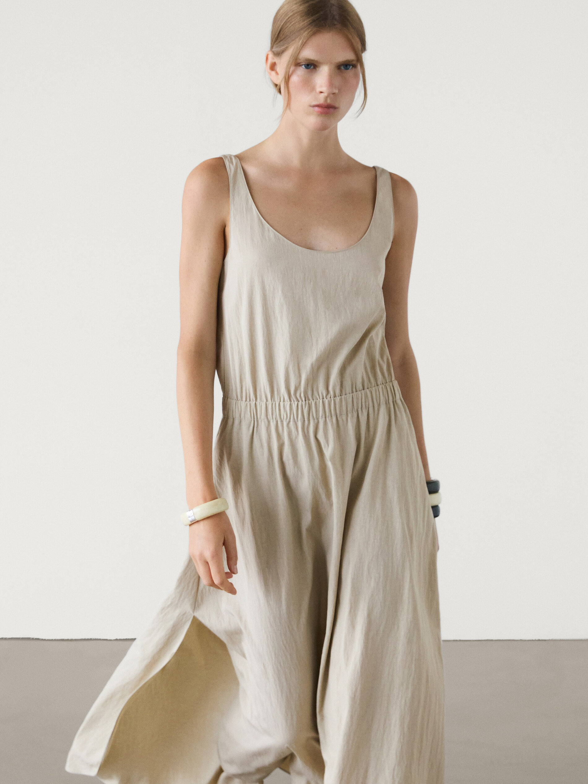 Flared poplin dress with elasticated waist · Stone · Smart 
