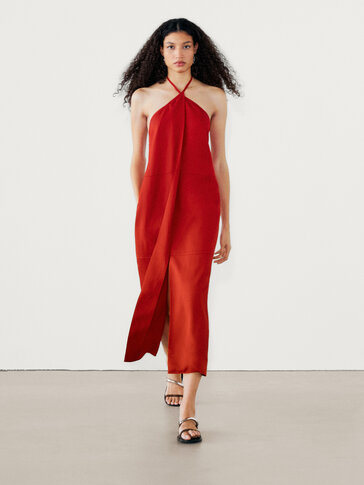 Halter midi dress with pleated detail Red Smart Dresses And Jumpsuits Massimo Dutti