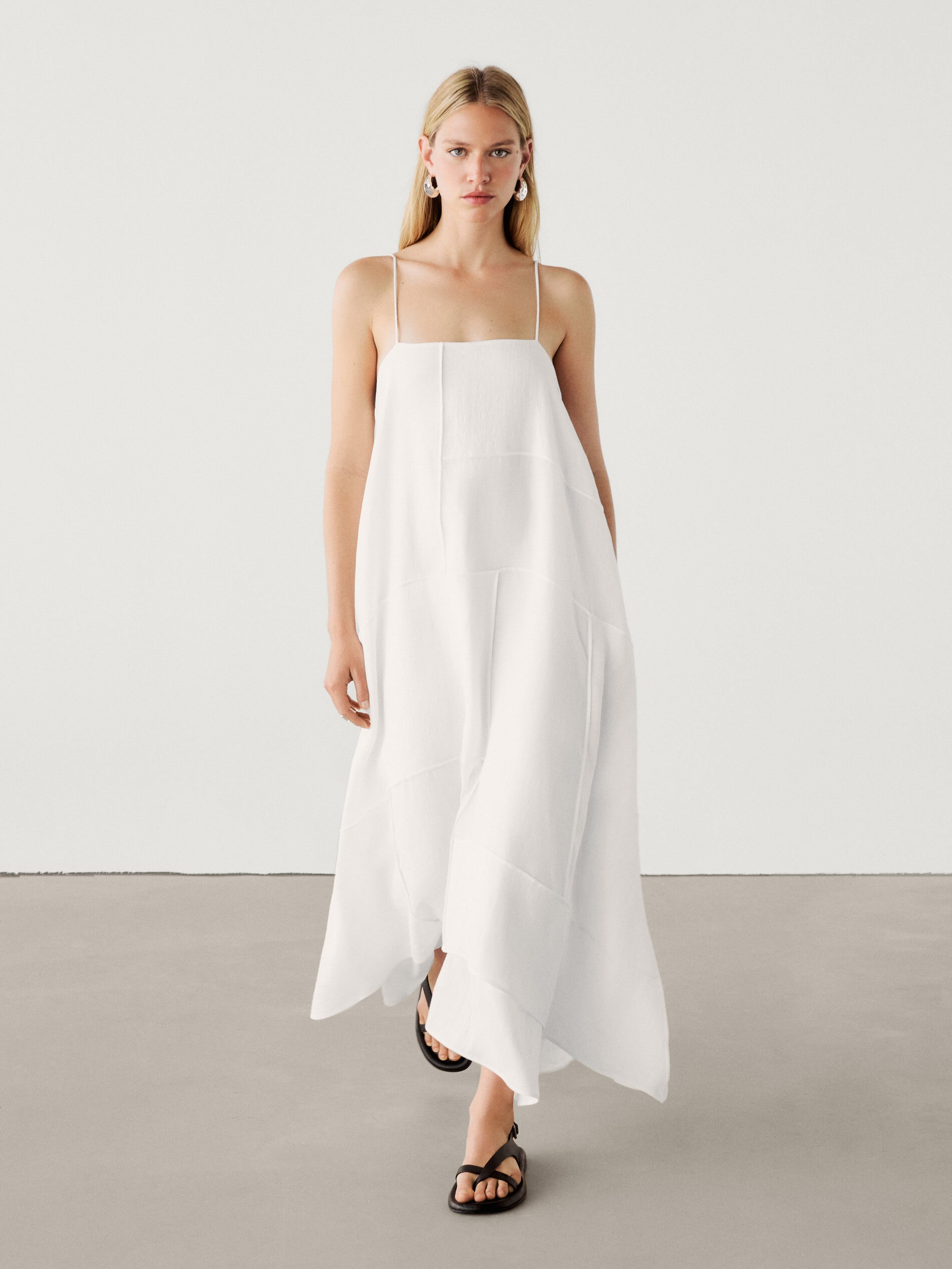 Linen blend asymmetric midi dress · White · Smart / Dresses And Jumpsuits | Massimo  Dutti