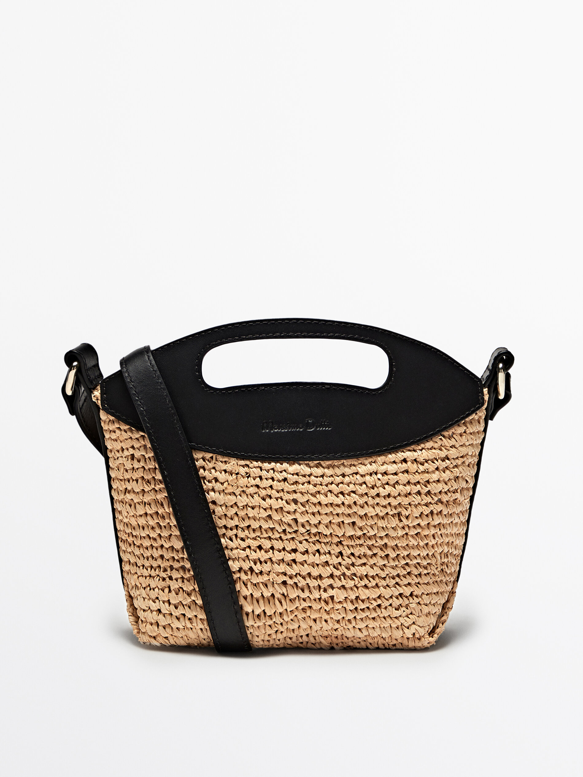 Raffia mini crossbody bag with leather strap Beige Black Accessories Massimo Dutti