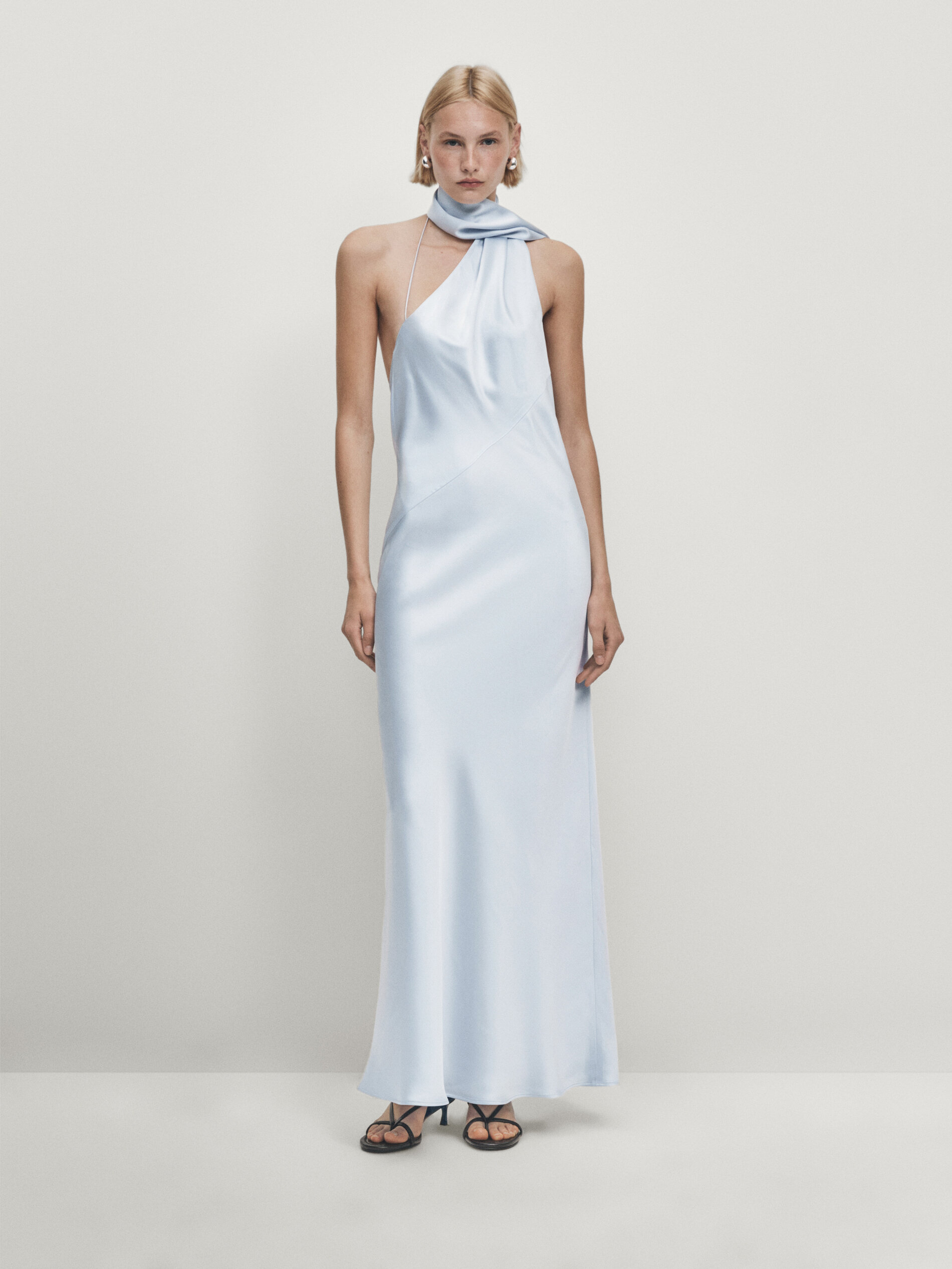 Long dress with crossover halter neck Light Blue Smart Dresses And Jumpsuits Massimo Dutti