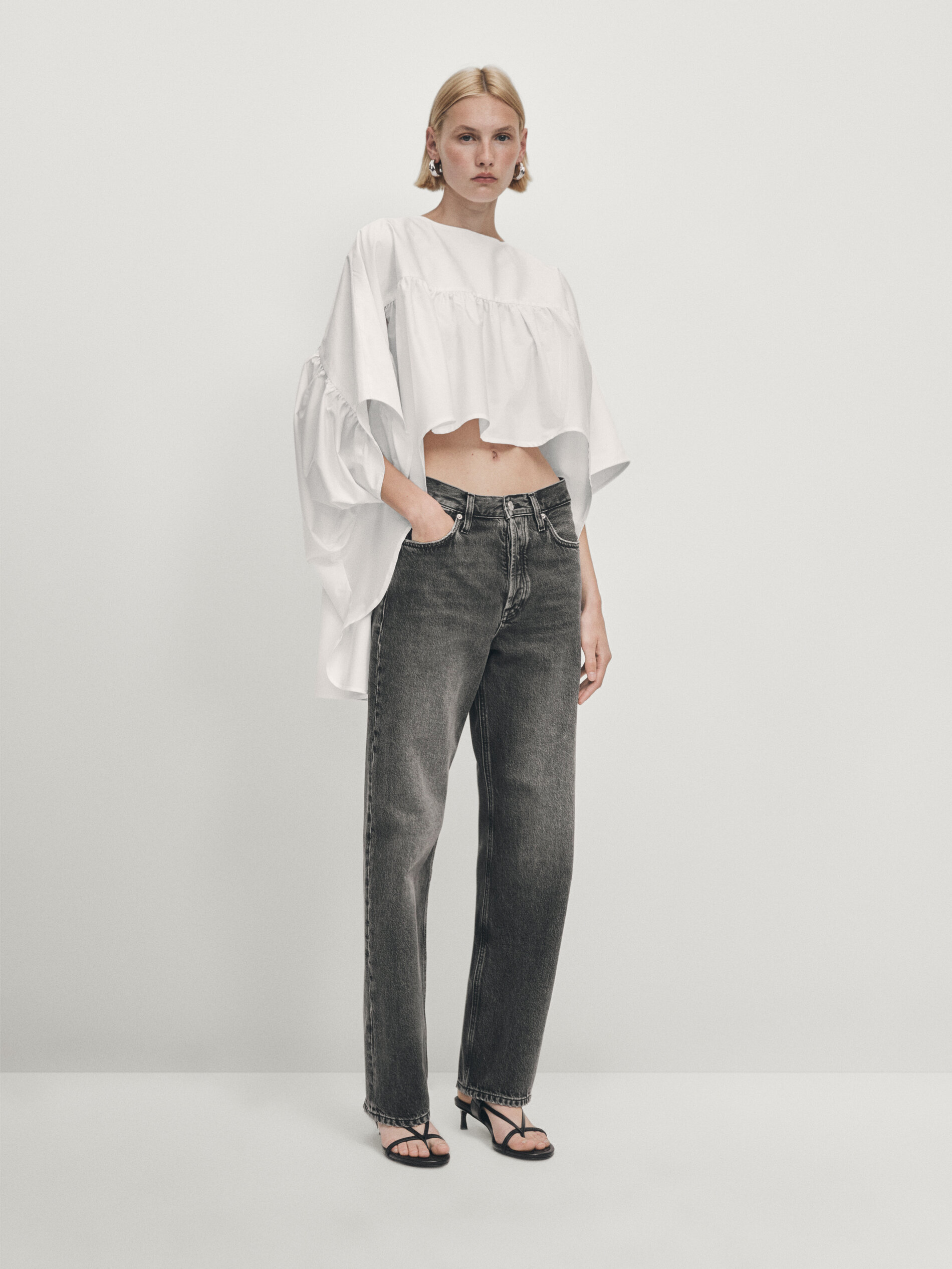 Cropped shirt with gathered ruffle details Studio · White · Shirts