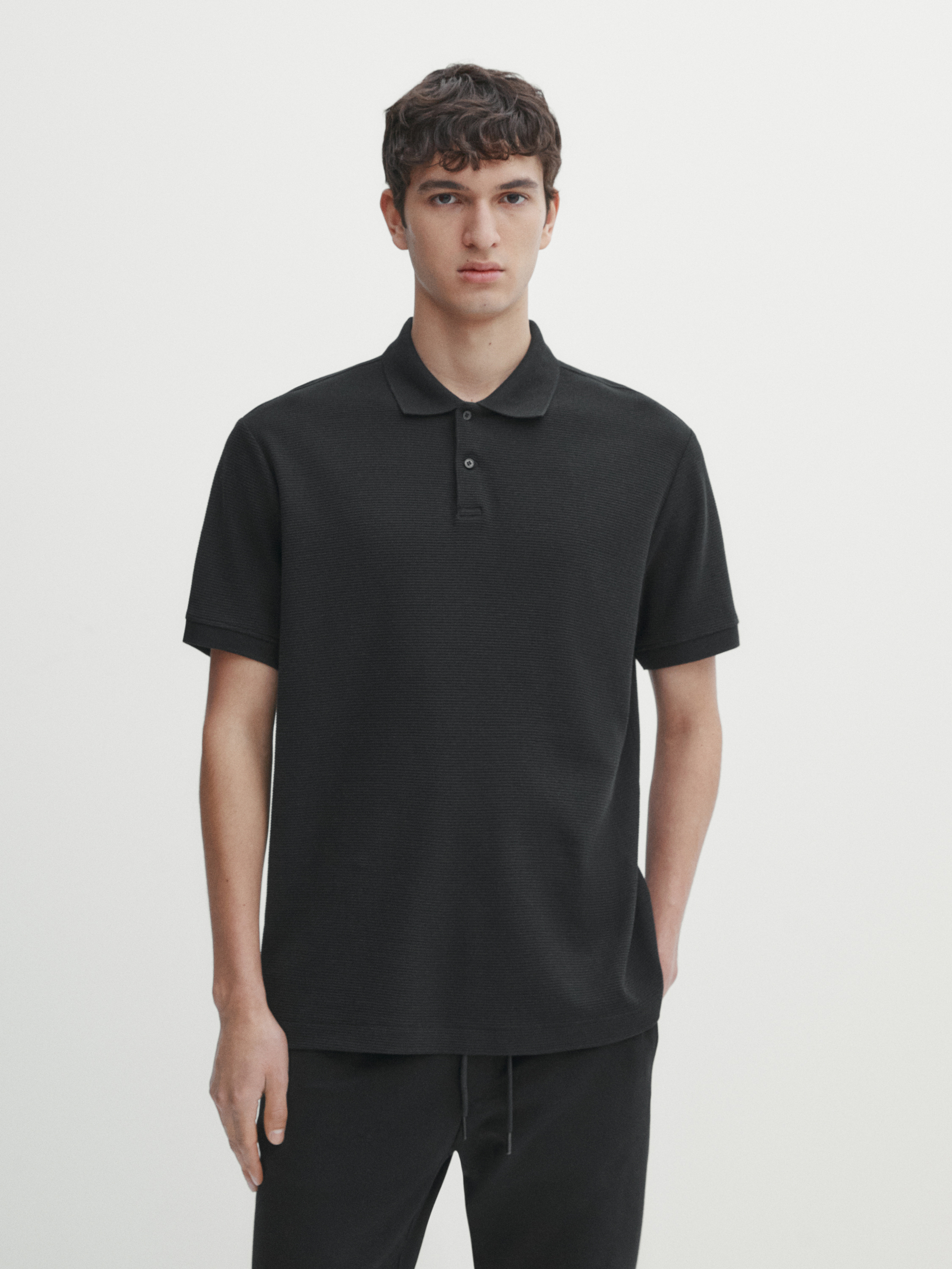 Short sleeve textured cotton polo shirt