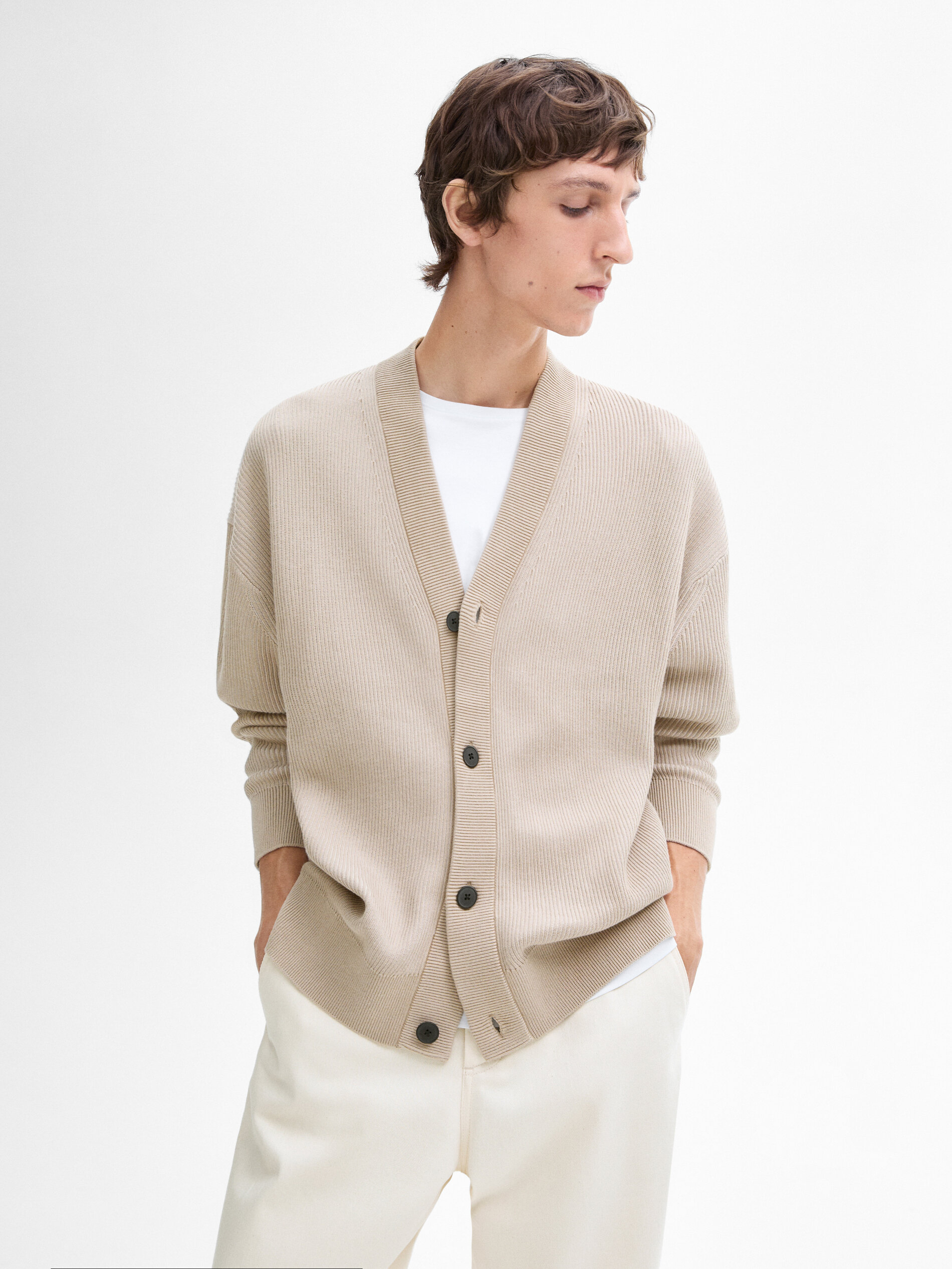 Cotton knit cardigan with buttons Beige Sweaters And Cardigans Massimo Dutti