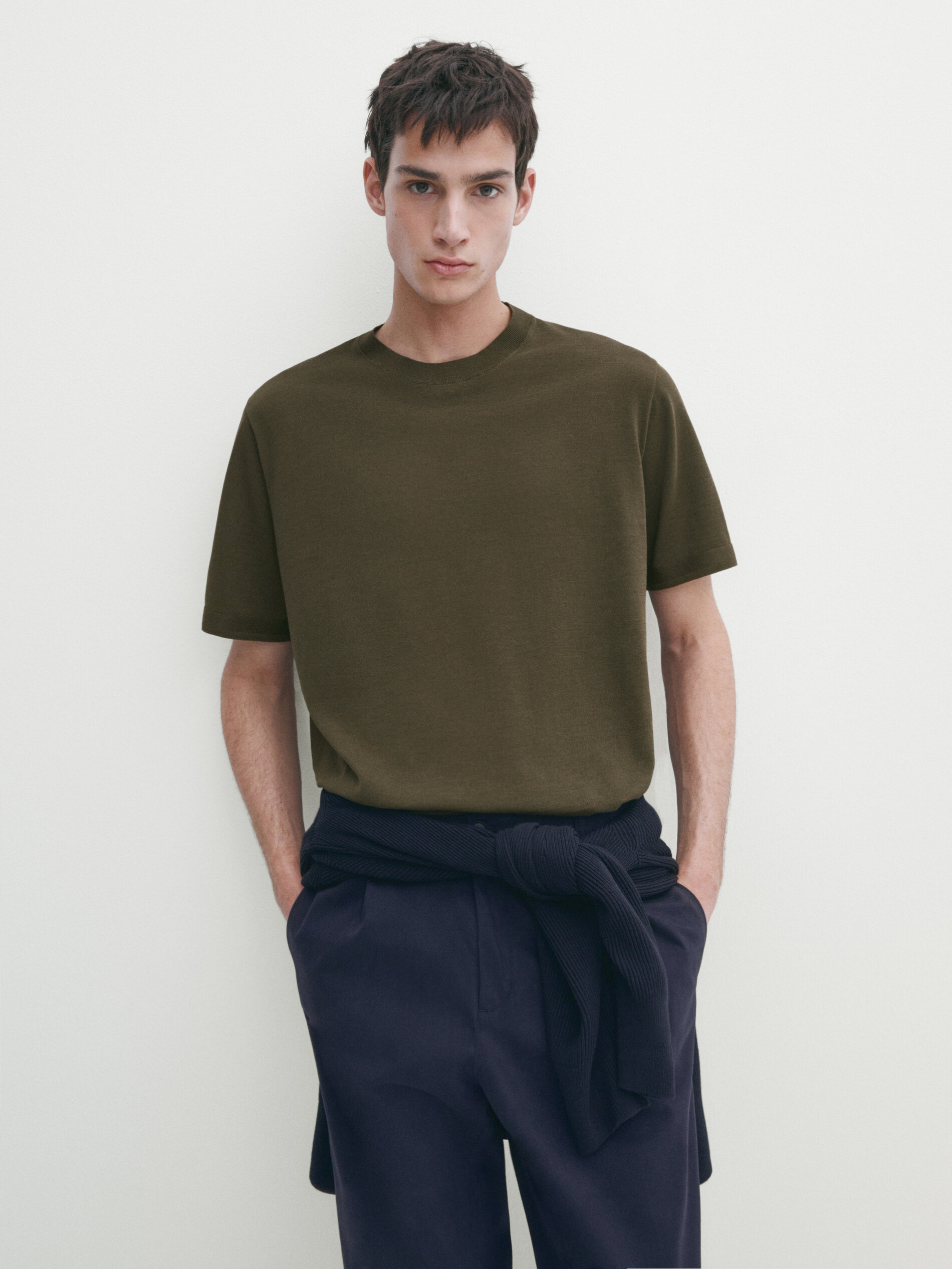 Short sleeve cotton and silk blend sweater Studio Green Navy Blue Pale Green Sweaters And Cardigans Massimo Dutti