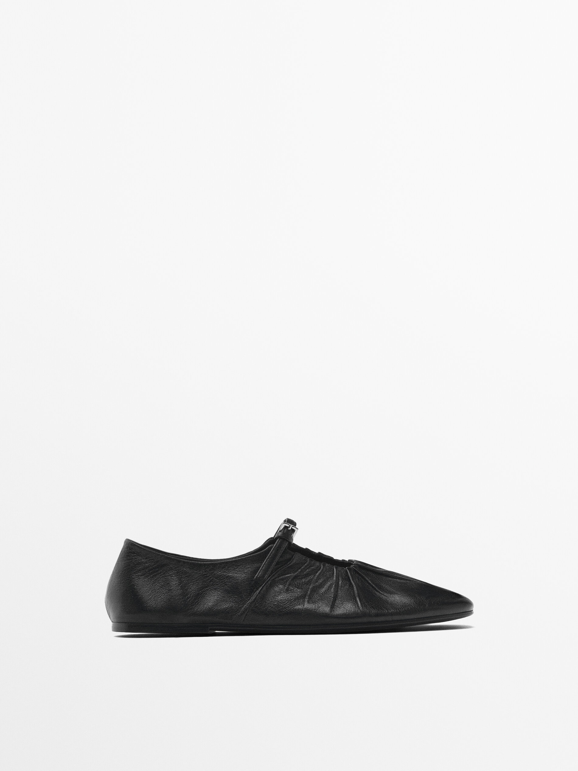 Leren ballerina s met plooi Zwart Platte Schoenen Massimo Dutti
