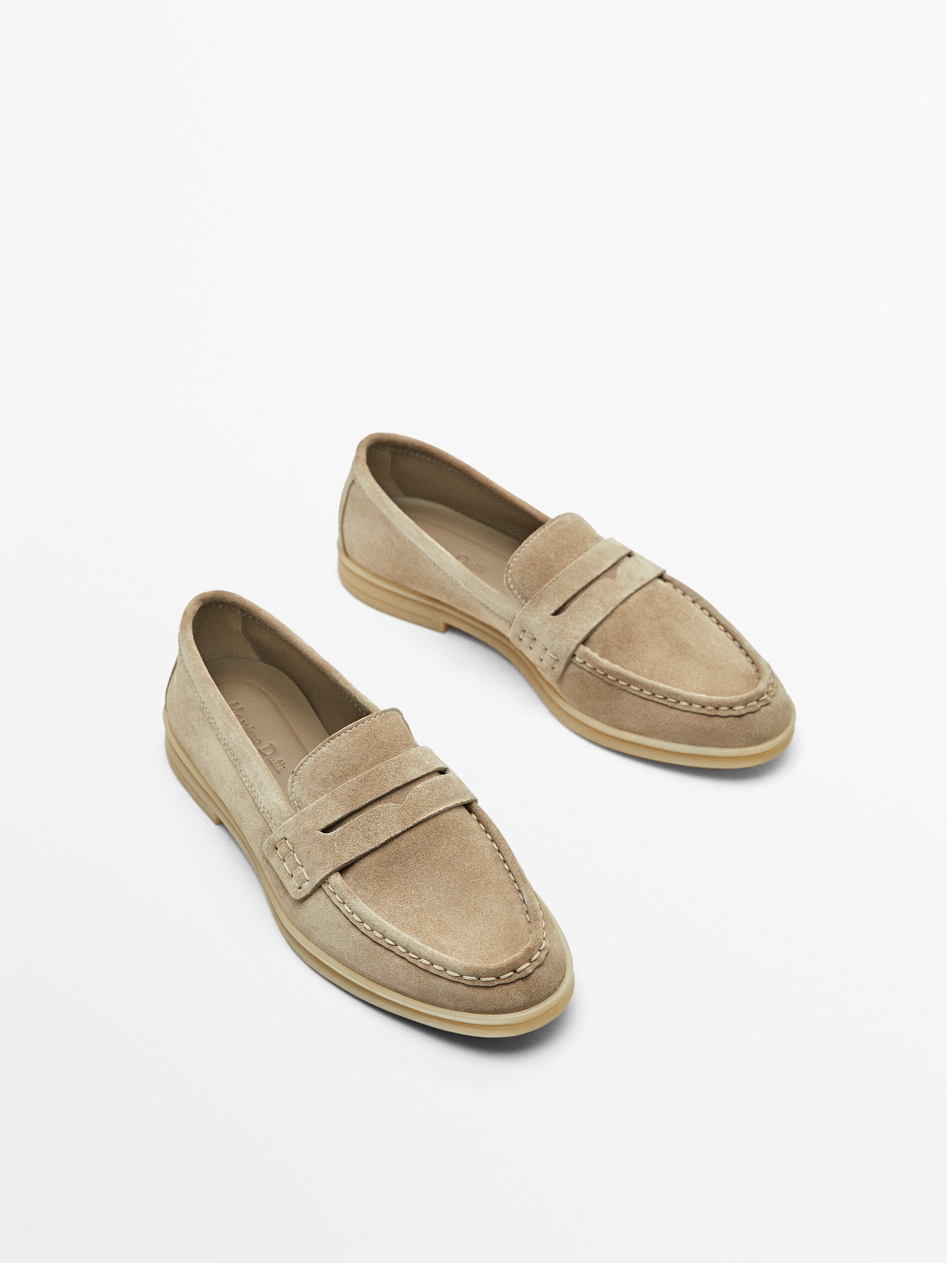 Split suede loafers with rubber soles Sand Brown Flat Shoes Massimo Dutti